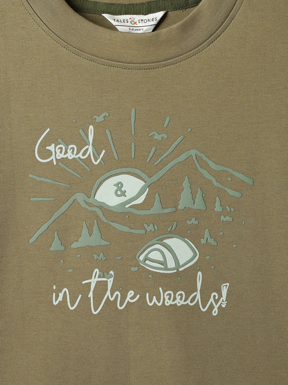 Boys Cotton Dark Olive Printed T-Shirt