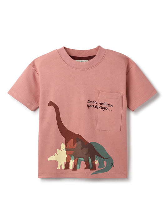 Boys Pink Cotton Animal Printed T-Shirt