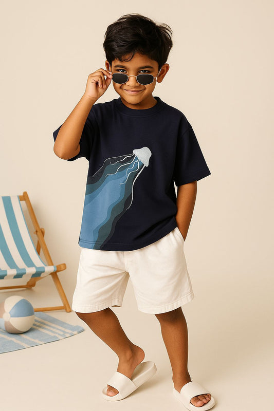 Boys Navy Blue Cotton Solid T-shirt