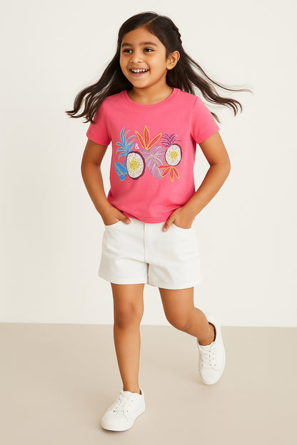 Girls Pink Printed Cotton Casual T-Shirt