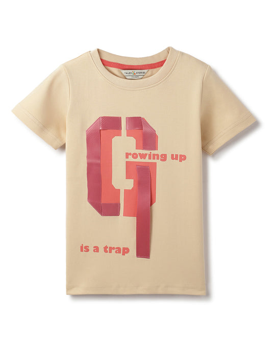 Girls Beige Cotton Printed T-Shirt