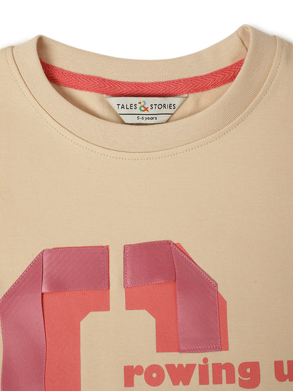 Girls Beige Cotton Printed T-Shirt
