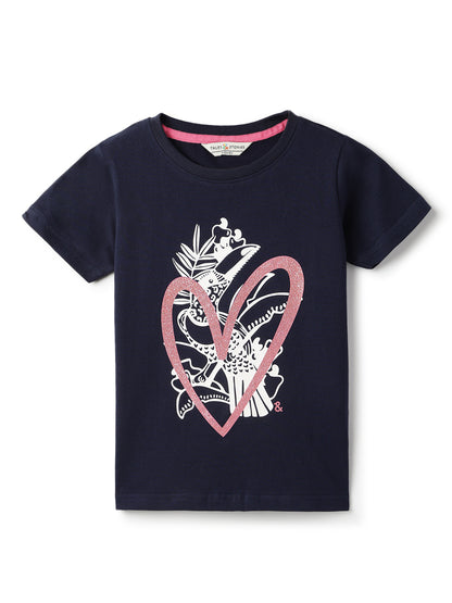 Girls Lycra Printed Half Sleeve Casual Navy Blue T-Shirt