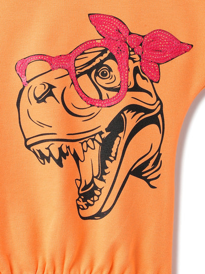 Girls Orange Printed Lycra Oversized Casual T-Shirt