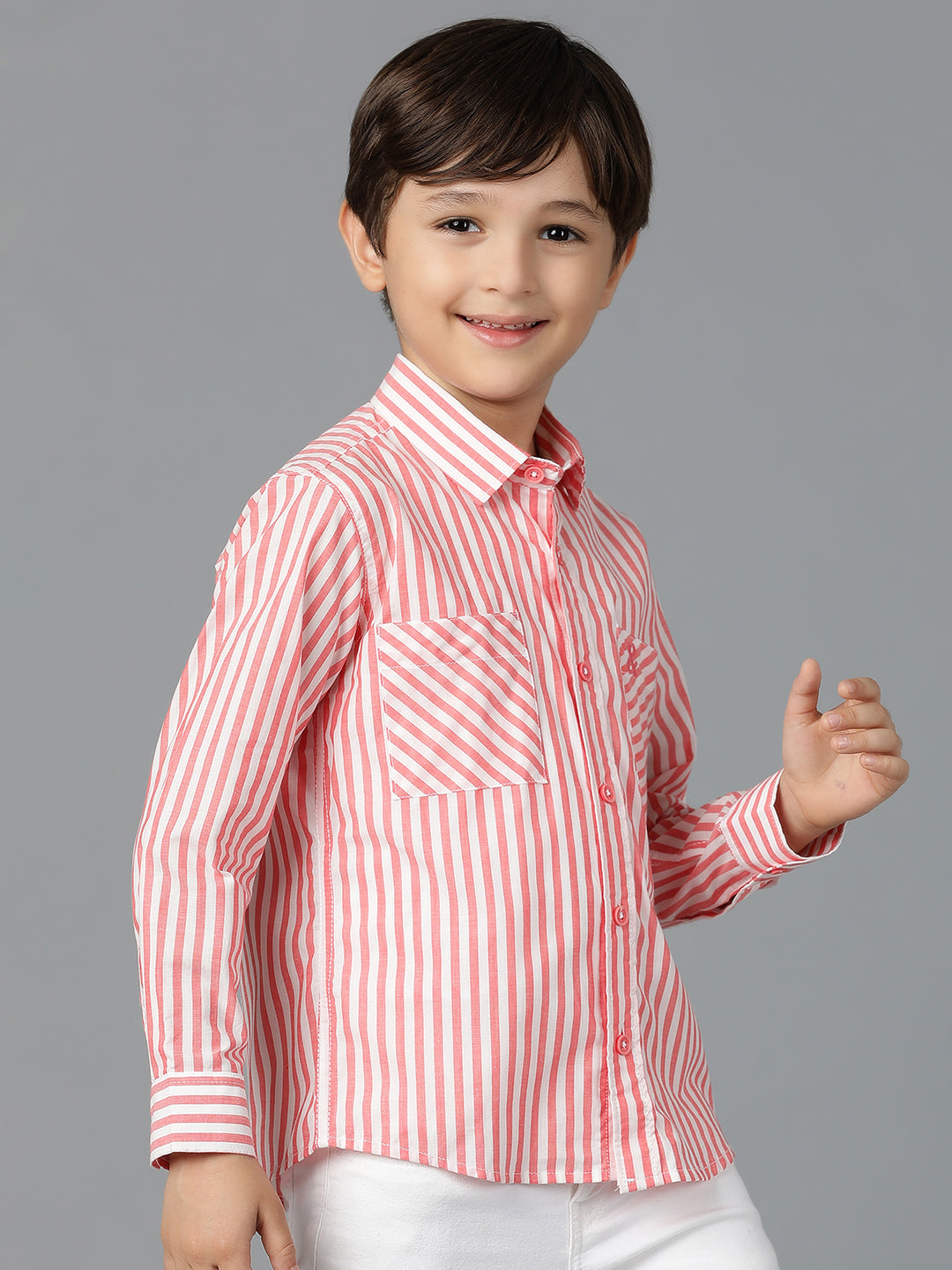 Boys Red Striped Cotton Regular Fit Shirt
