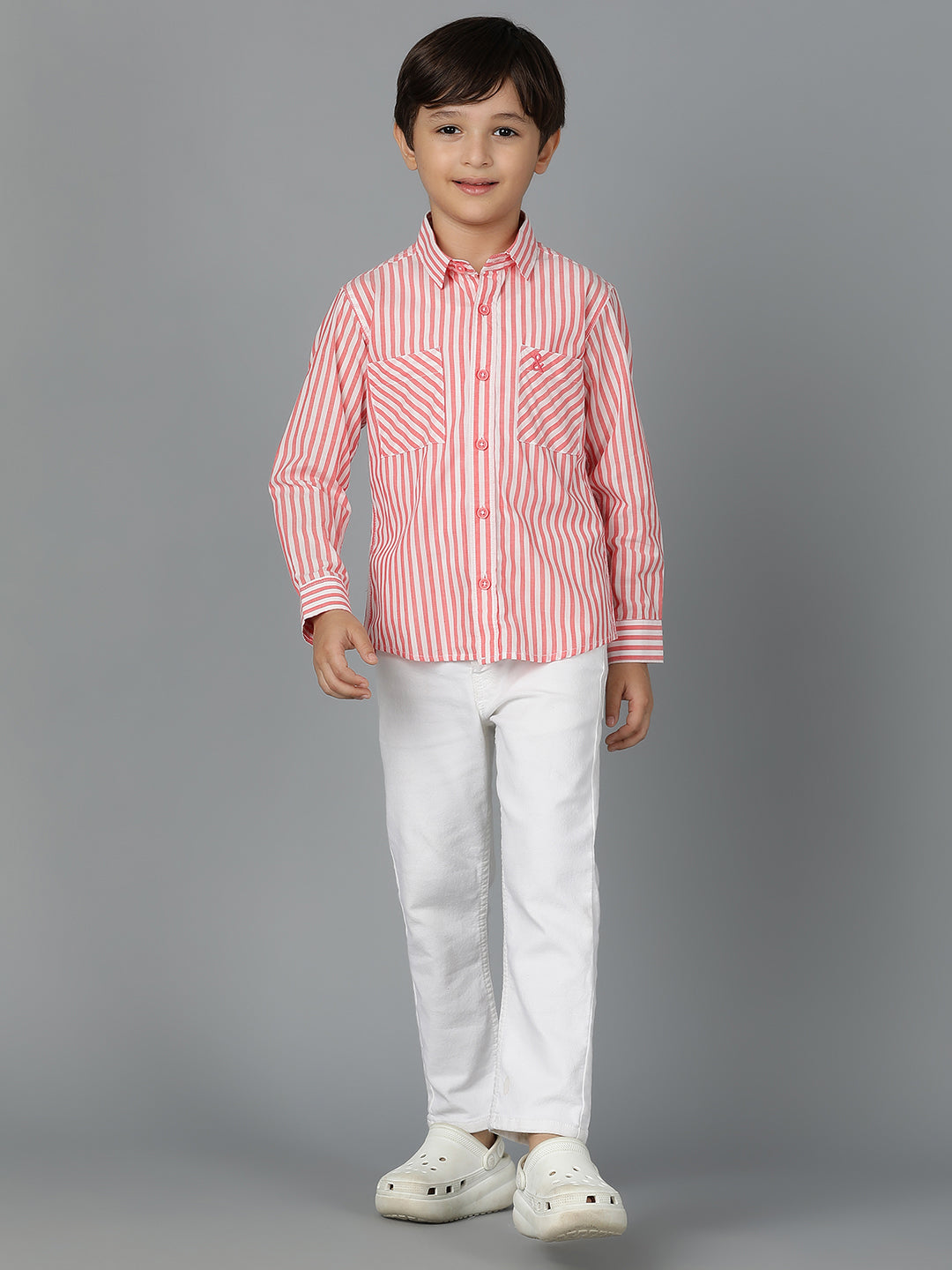 Boys Red Striped Cotton Regular Fit Shirt