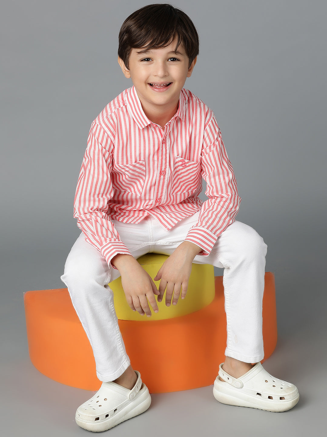Boys Red Striped Cotton Regular Fit Shirt