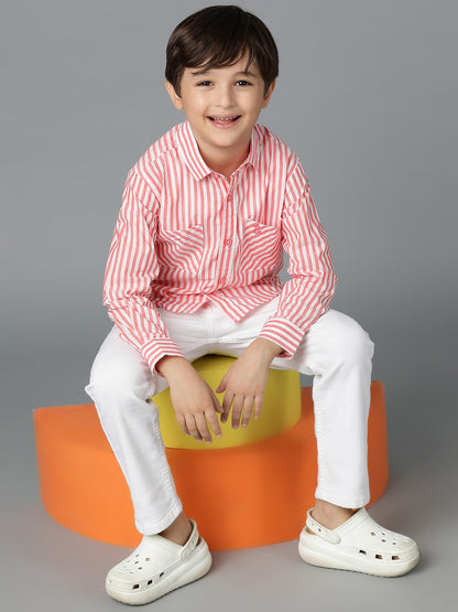 Boys Red Striped Cotton Regular Fit Shirt