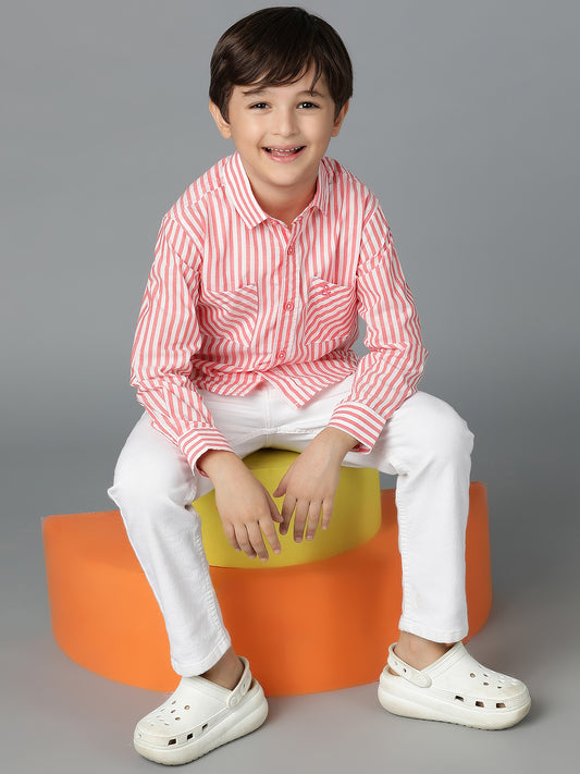 Boys Red Striped Cotton Regular Fit Shirt
