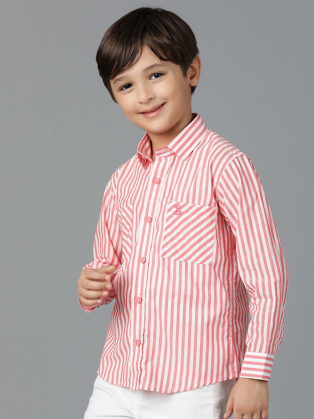 Boys Red Striped Cotton Regular Fit Shirt