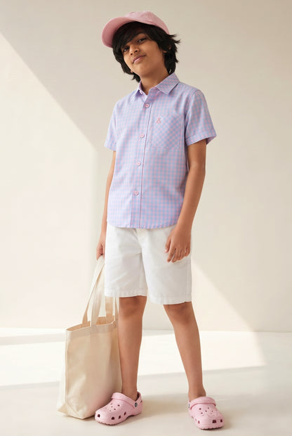 Boys Pink & Sky Blue Checked Cotton Regular Fit Shirt