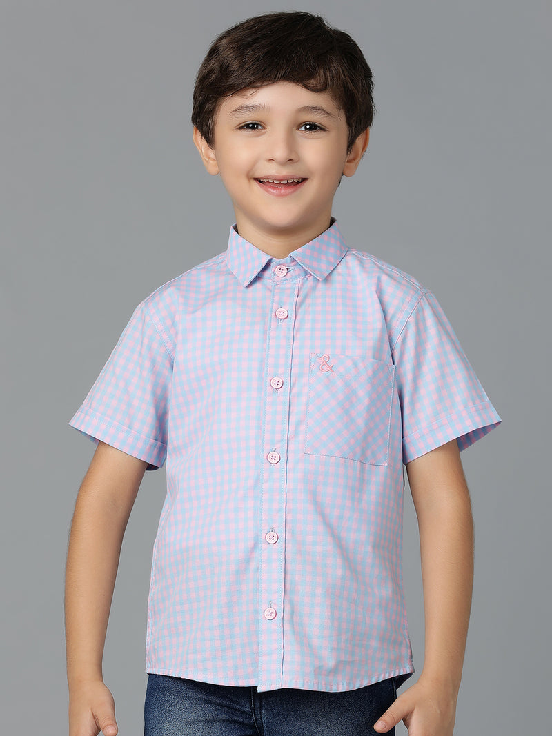 Boys Pink & Sky Blue Checked Cotton Regular Fit Shirt