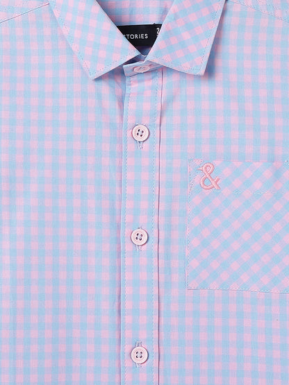 Boys Pink & Sky Blue Checked Cotton Regular Fit Shirt