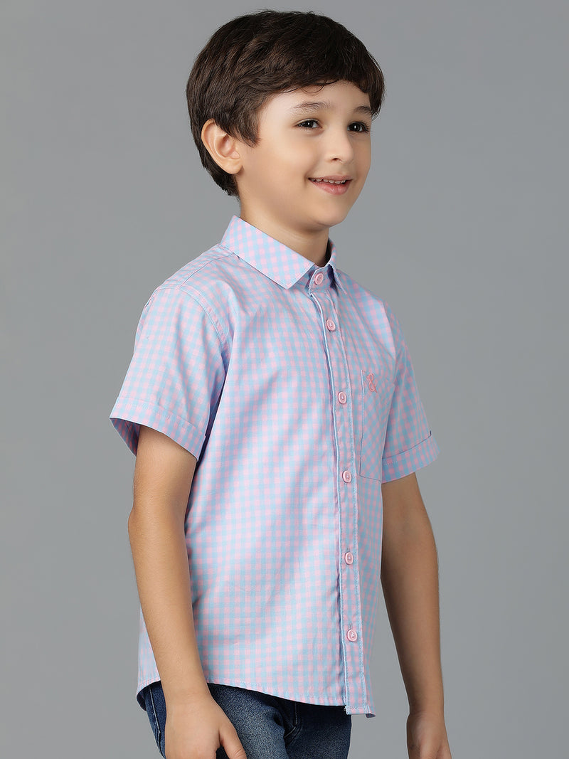 Boys Pink & Sky Blue Checked Cotton Regular Fit Shirt