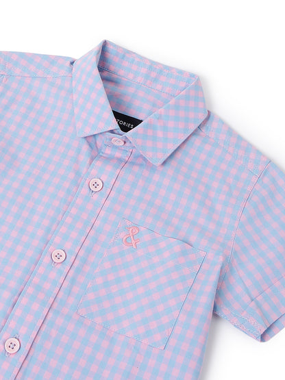 Boys Pink & Sky Blue Checked Cotton Regular Fit Shirt