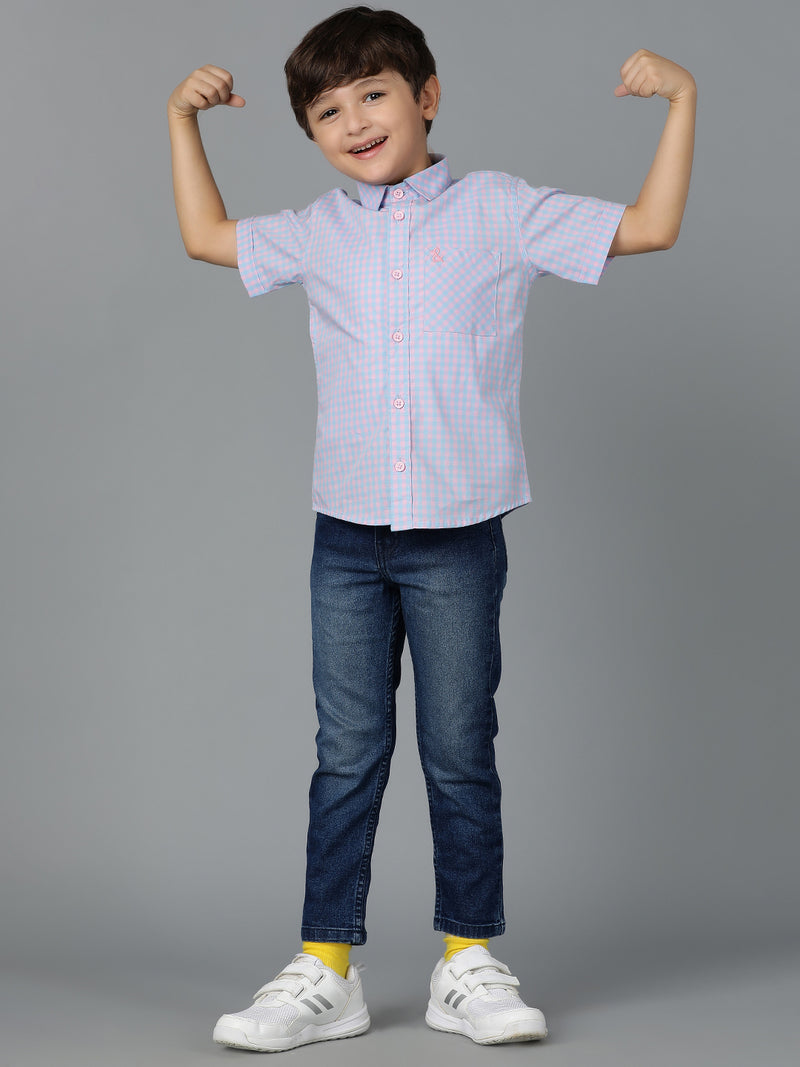 Boys Pink & Sky Blue Checked Cotton Regular Fit Shirt