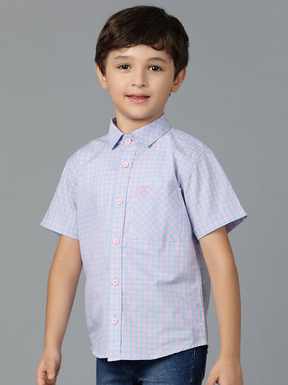 Boys Pink & Sky Blue Checked Cotton Regular Fit Shirt