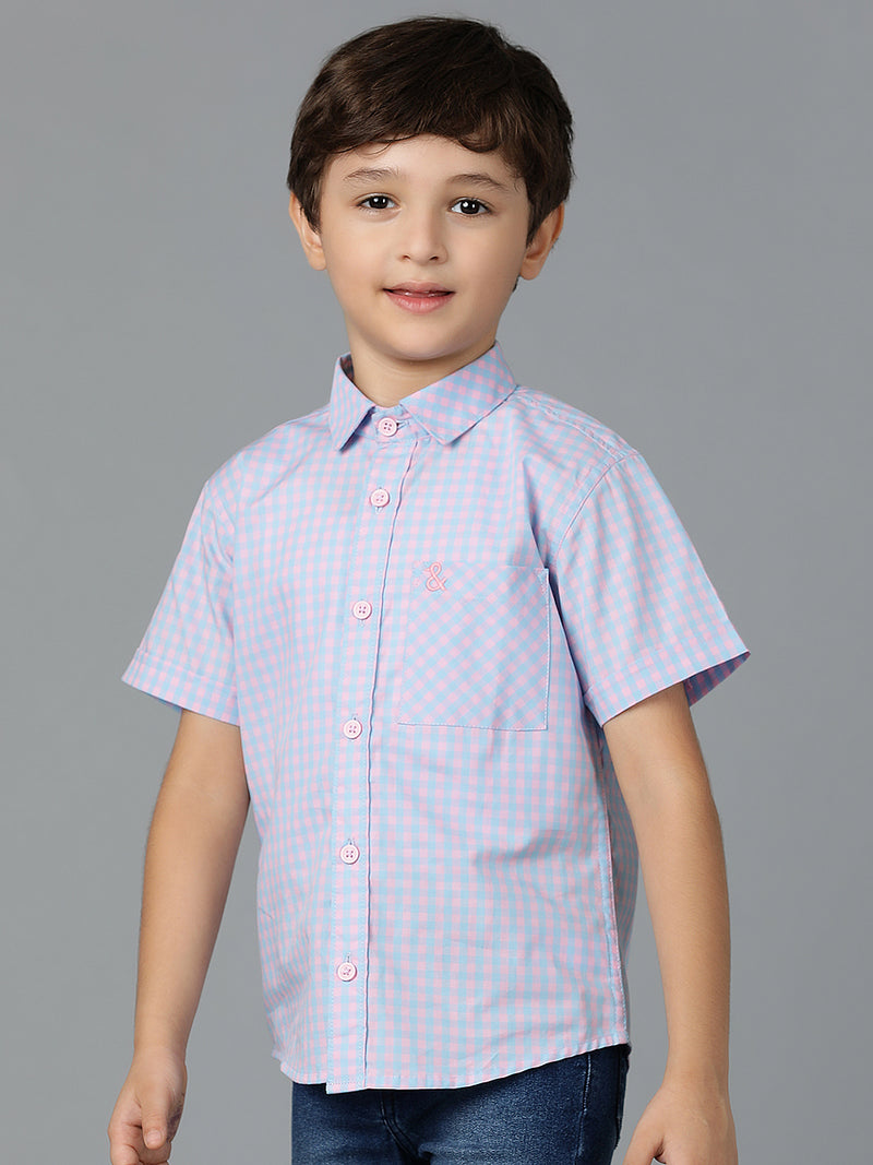 Boys Pink & Sky Blue Checked Cotton Regular Fit Shirt