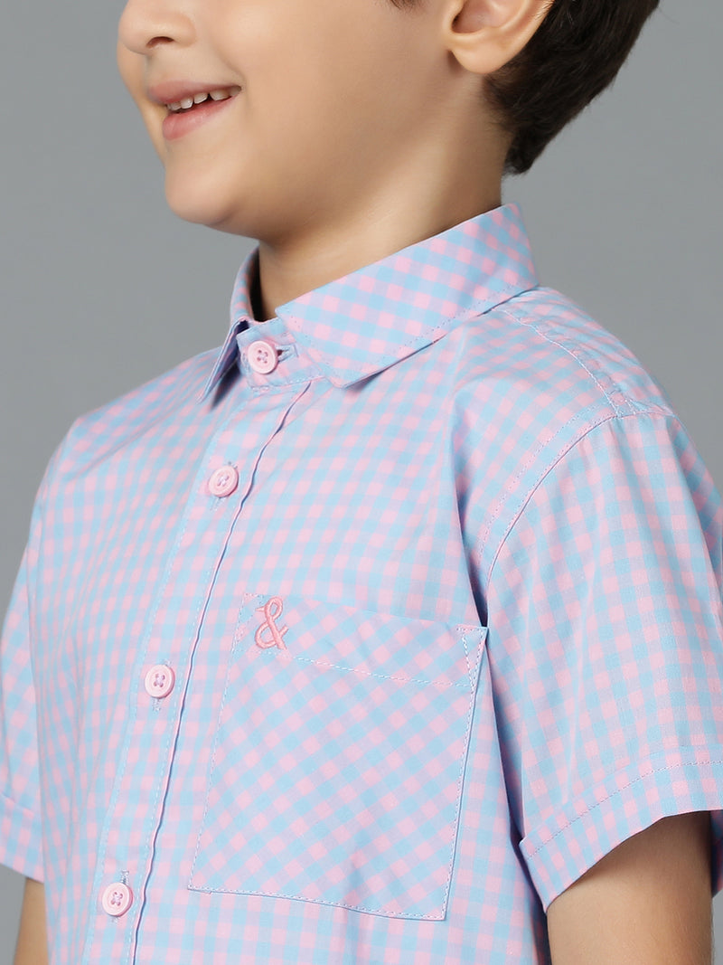 Boys Pink & Sky Blue Checked Cotton Regular Fit Shirt