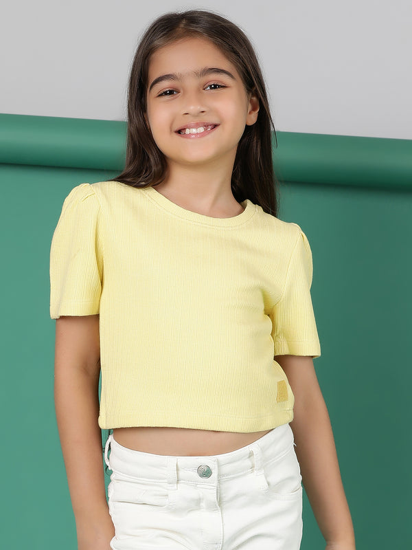 Girls Yellow Solid Crop Top