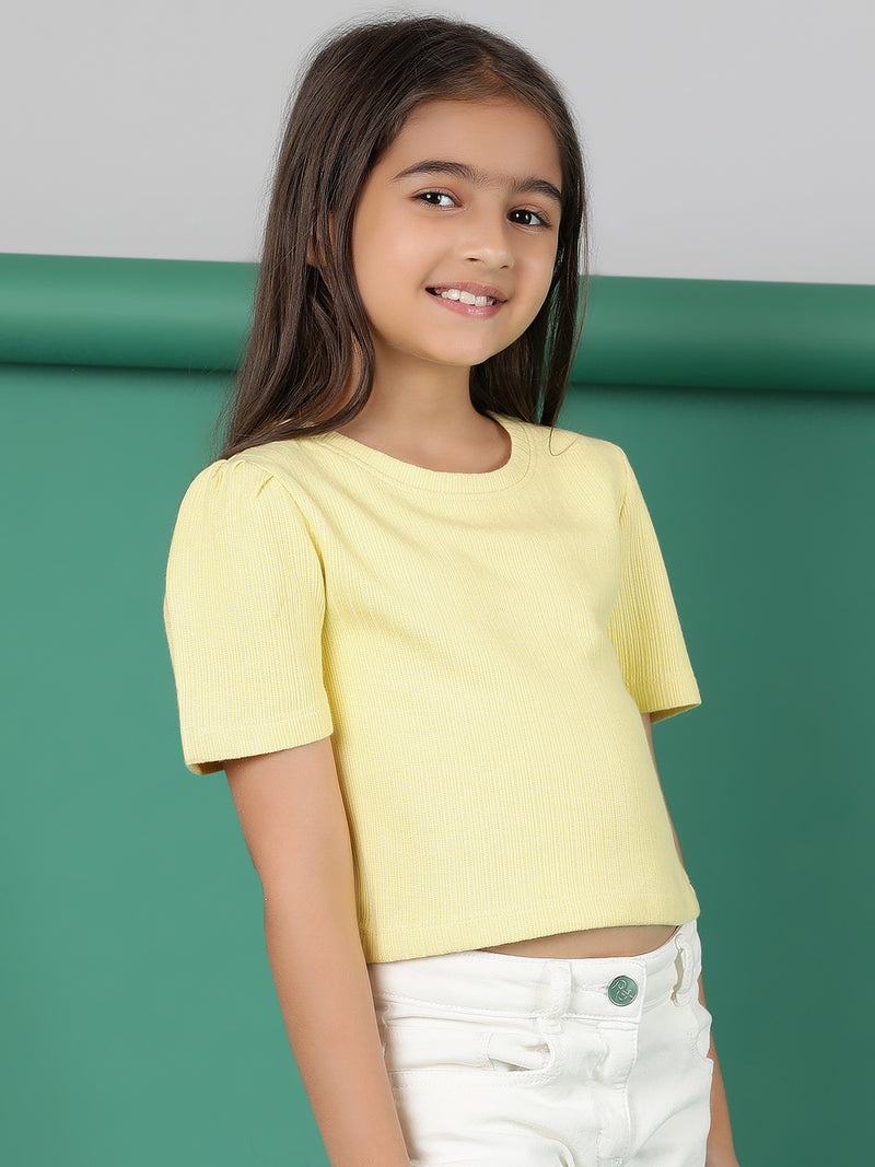 Girls Yellow Solid Crop Top