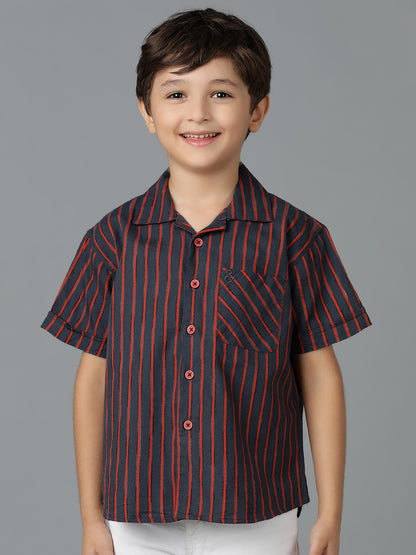 Boys Red & Black Striped Cotton Regular Fit Shirt