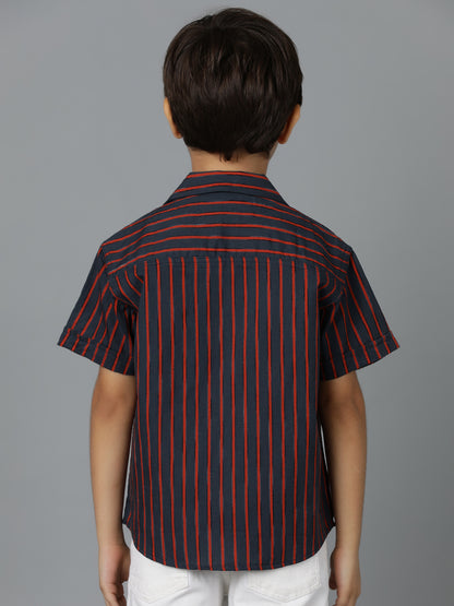 Boys Red & Black Striped Cotton Regular Fit Shirt