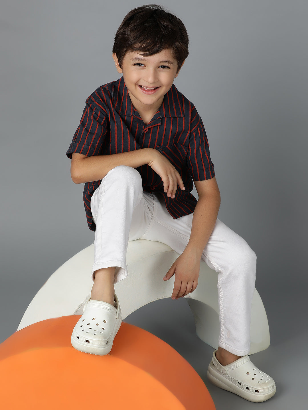 Boys Red & Black Striped Cotton Regular Fit Shirt