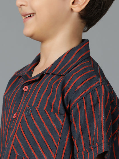 Boys Red & Black Striped Cotton Regular Fit Shirt