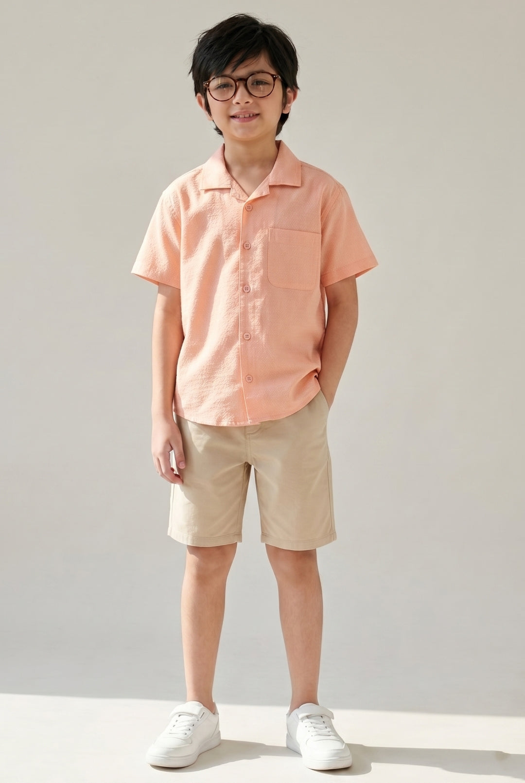 Boys Peach Printed Cotton Regular Fit Shirt