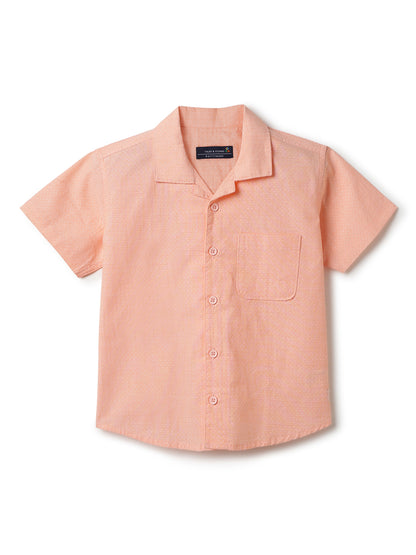 Boys Peach Printed Cotton Regular Fit Shirt