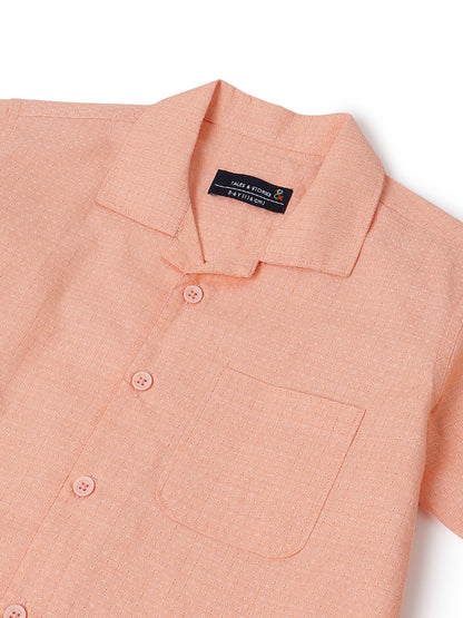 Boys Peach Printed Cotton Regular Fit Shirt