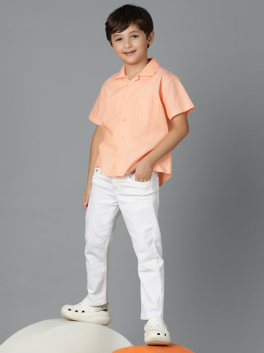 Boys Peach Printed Cotton Regular Fit Shirt
