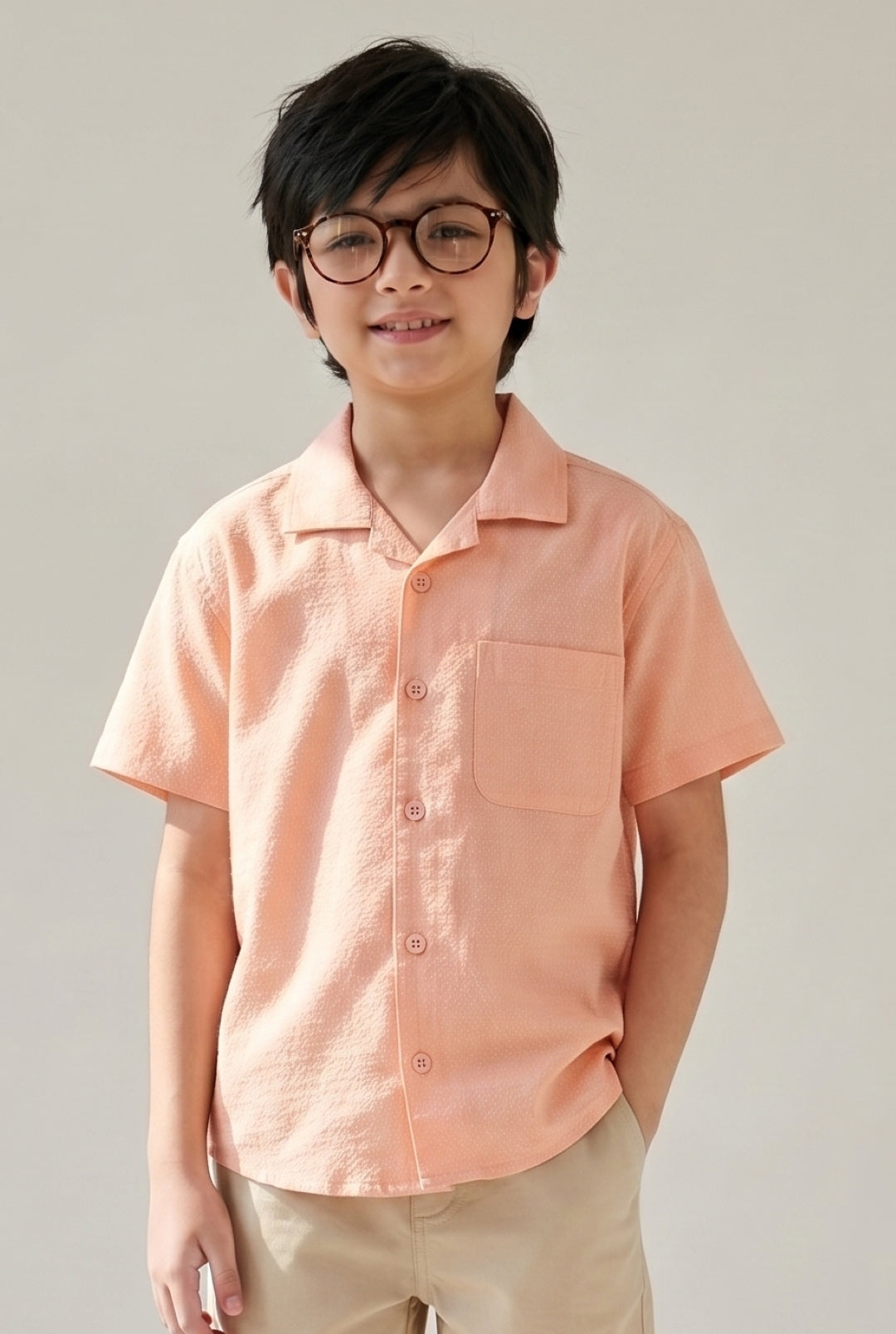 Boys Peach Printed Cotton Regular Fit Shirt