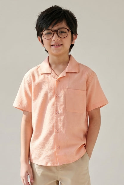 Boys Peach Printed Cotton Regular Fit Shirt
