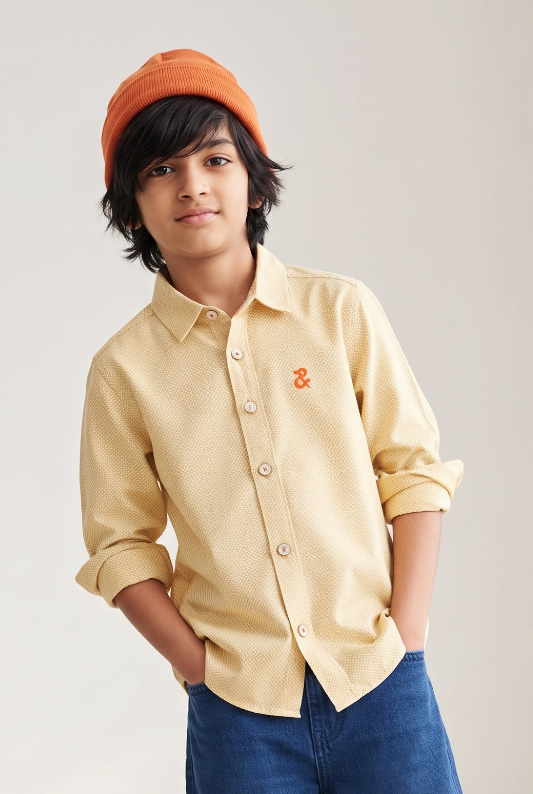 Boys Yellow Solid Cotton Regular Fit Shirt