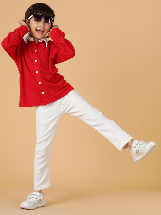 Boys Red Solid Cotton Regular Fit Shirt