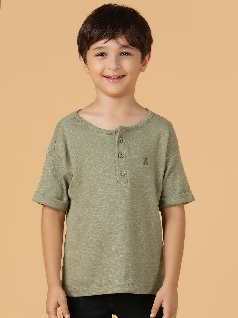 Boys Olive Viscose Solid Oversized Fit T-Shirt