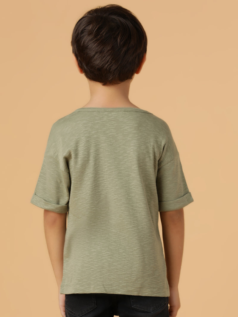 Boys Olive Viscose Solid Oversized Fit T-Shirt