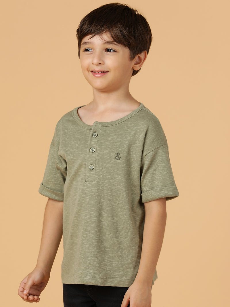 Boys Olive Viscose Solid Oversized Fit T-Shirt