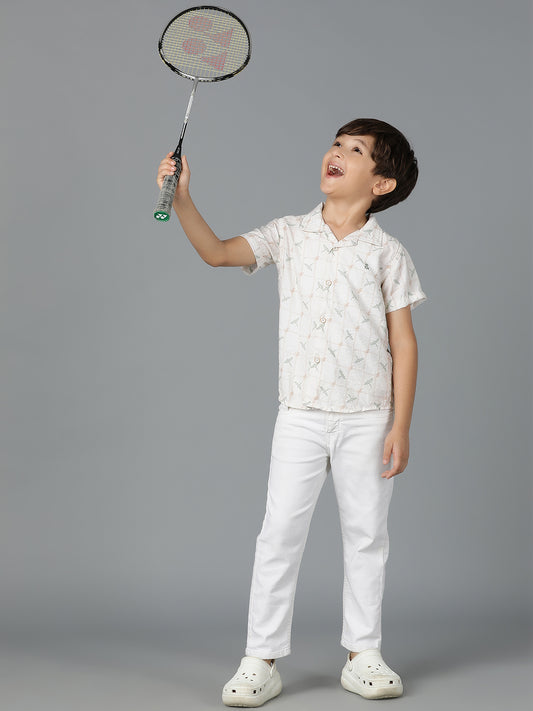 Boys Off White Printed Viscose Regular Fit Shirt