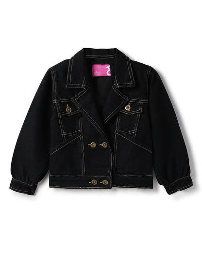 Girls Cotton Poly Casual Washed Black Jacket