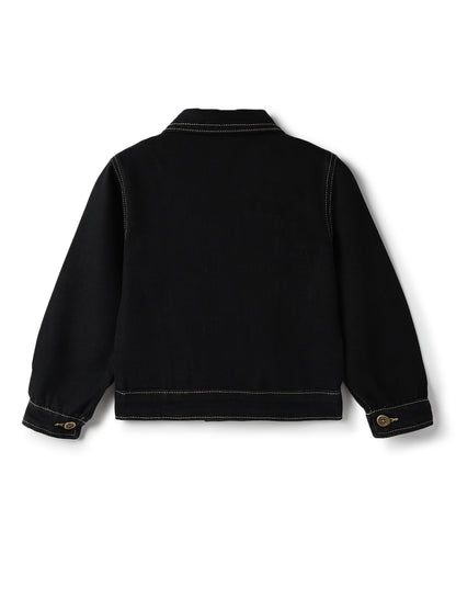 Girls Cotton Poly Casual Washed Black Jacket