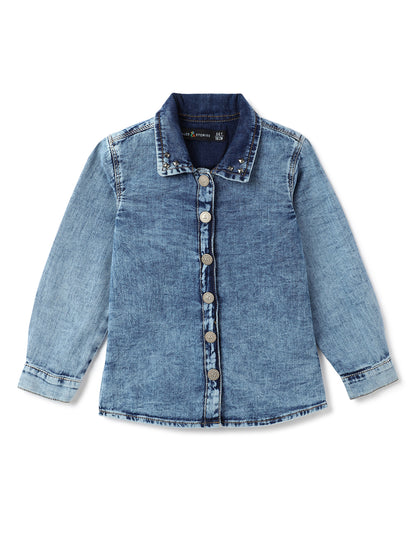 Girls Blue Cotton Washed Shirt