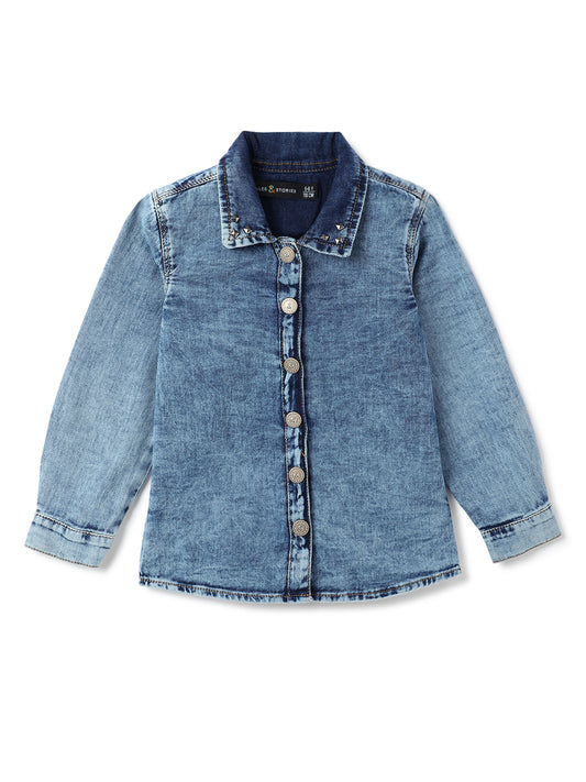 Girls Blue Cotton Washed Shirt