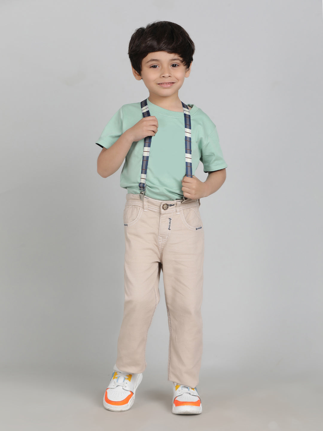 Boys Beige Washed Lycra Slimfit Trouser with Suspender