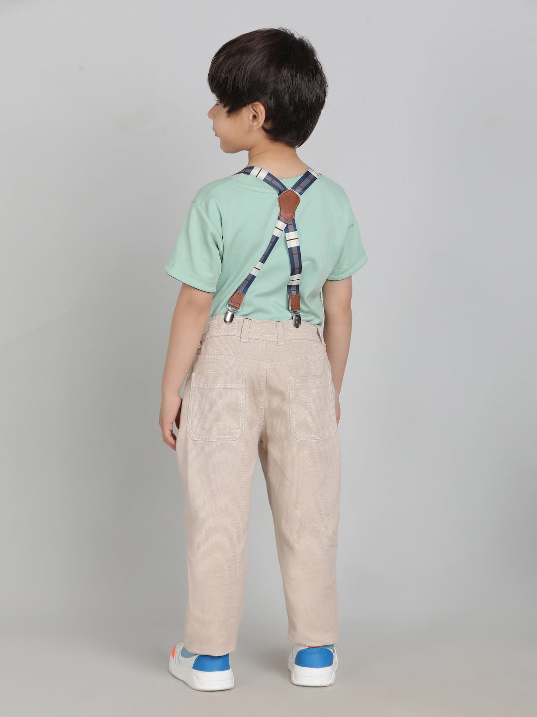 Boys Beige Washed Lycra Slimfit Trouser with Suspender