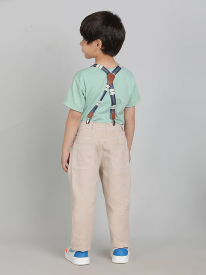 Boys Beige Washed Lycra Slimfit Trouser with Suspender