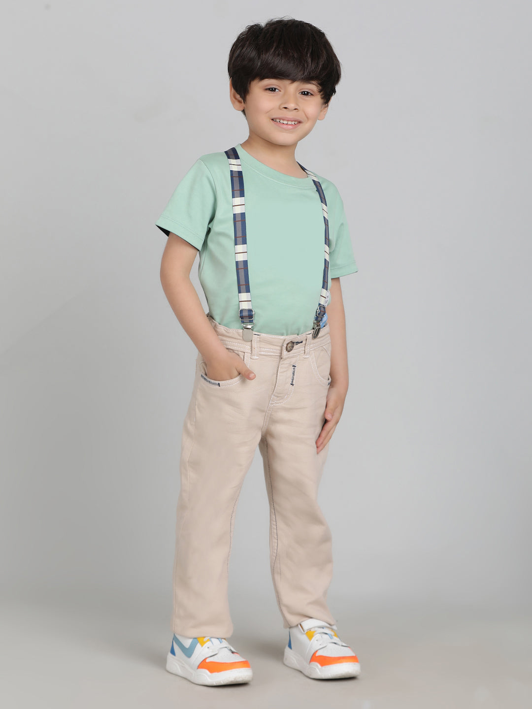 Boys Beige Washed Lycra Slimfit Trouser with Suspender