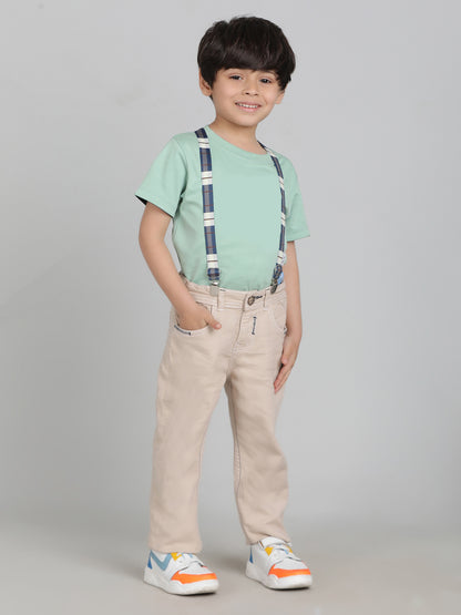 Boys Beige Washed Lycra Slimfit Trouser with Suspender